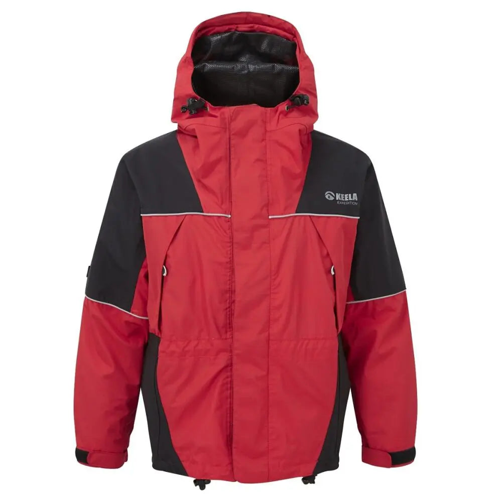 Youth Munro waterproof jacket in red and black with reflective details and technical hood