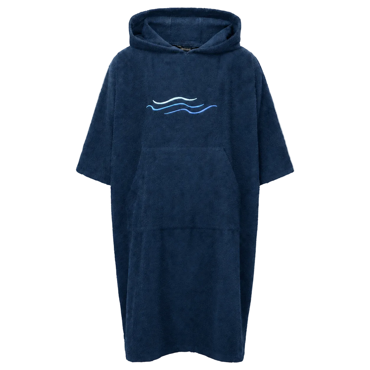 A navy blue hooded towel robe with a kangaroo pocket and a light blue embroidered wave design on the chest, shown against a plain white background.
