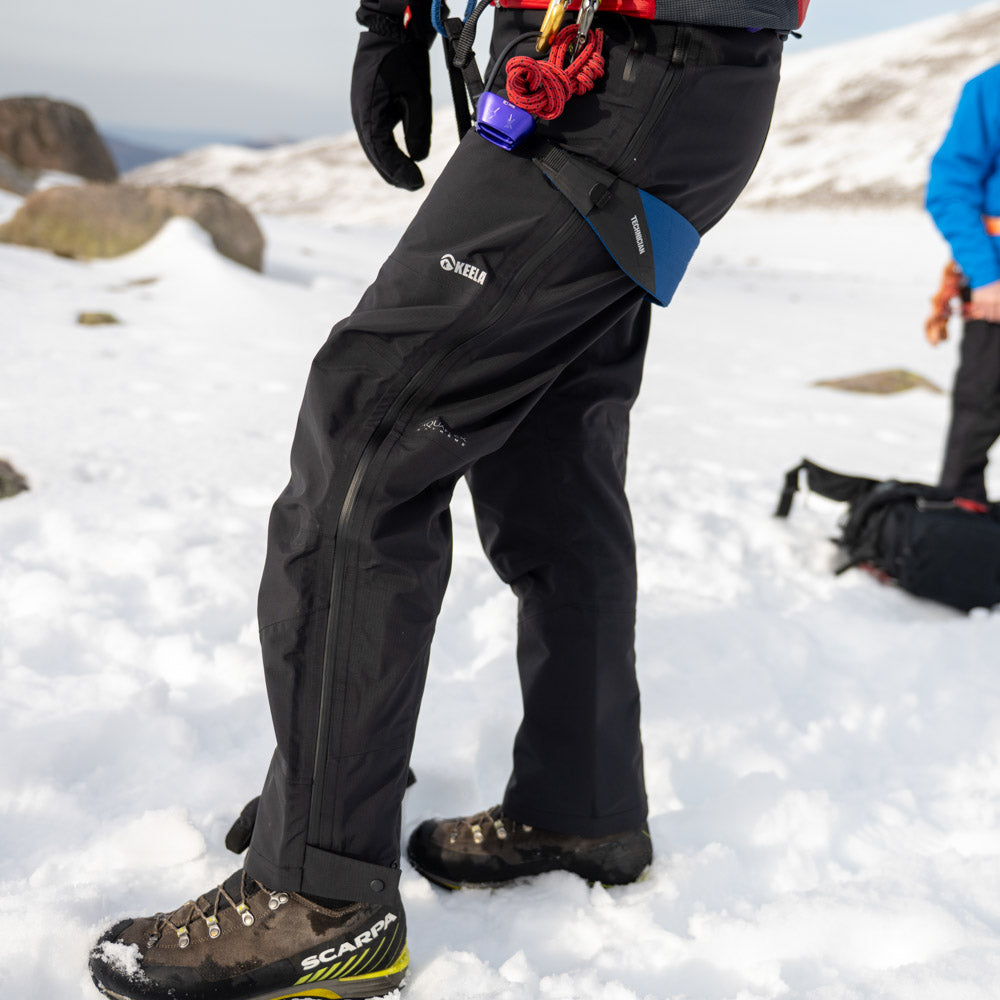 Pinnacle trousers detail - Aquaflex Extreme fabric providing waterproof protection on alpine terrain