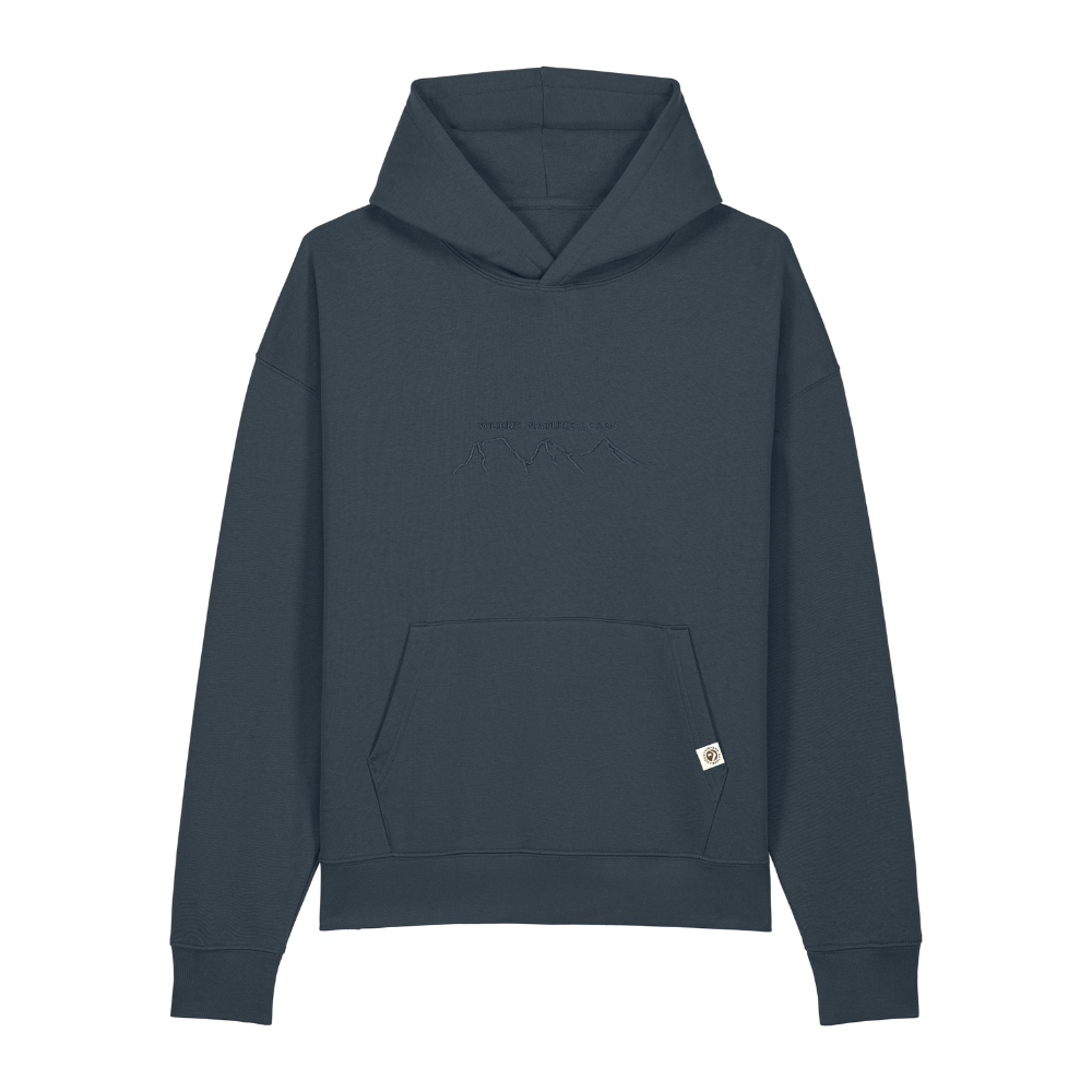 Where Nature Leads hoody front in charcoal grey featuring Glencoe Three Sisters design