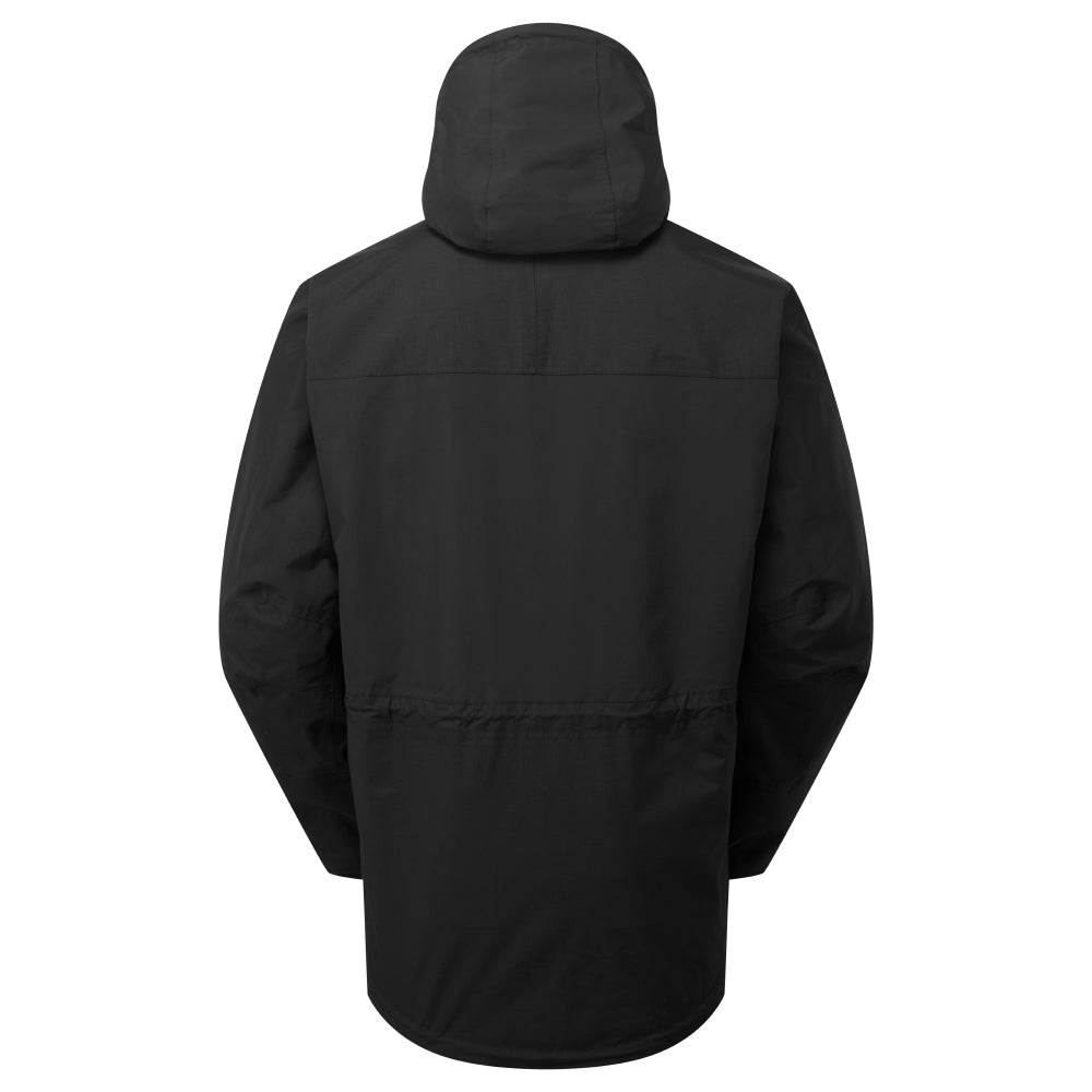 Men's Munro jacket back view with long scooped design and detachable snow skirt