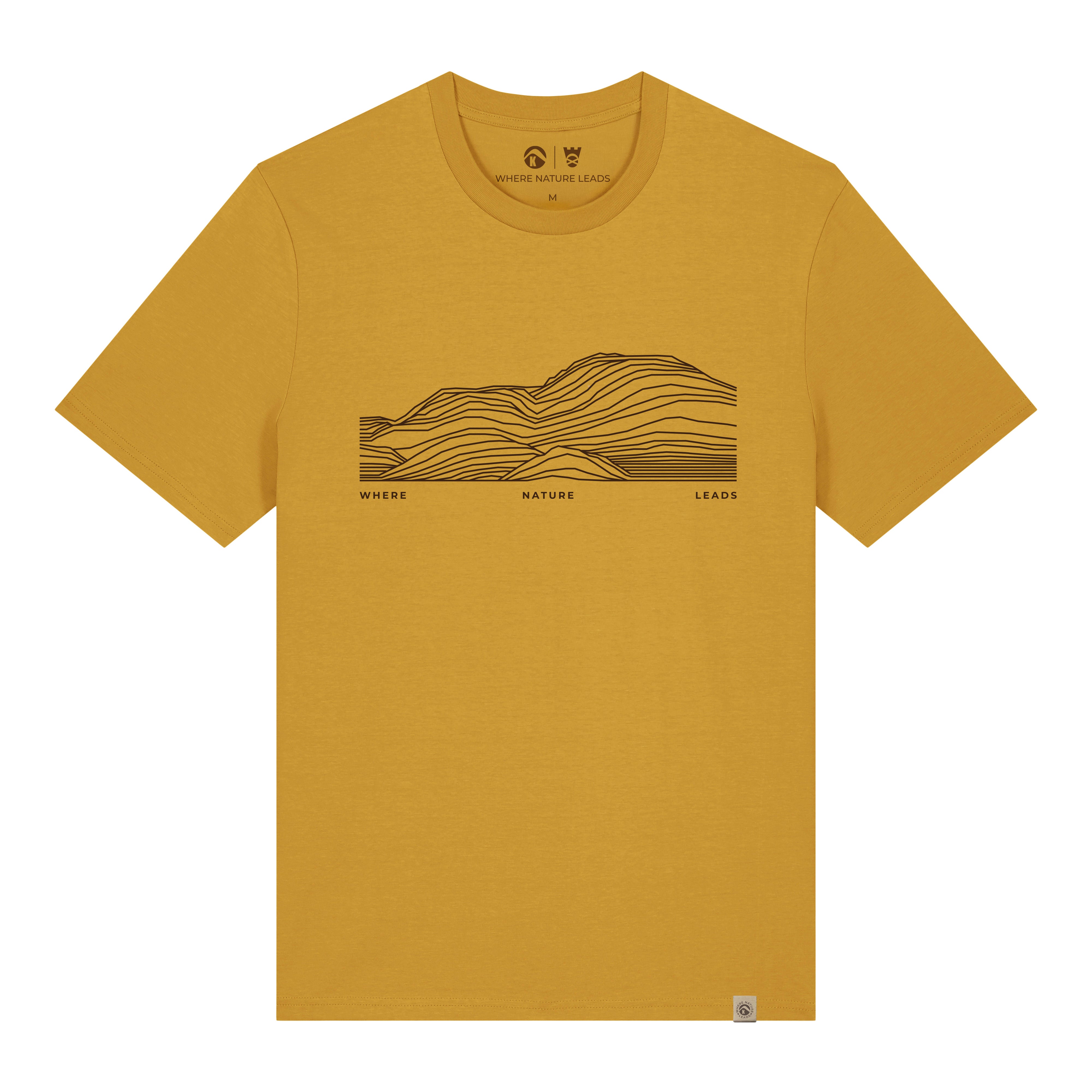 Men's Ben Lomond t-shirt front in mustard showing iconic Scottish Munro peak design