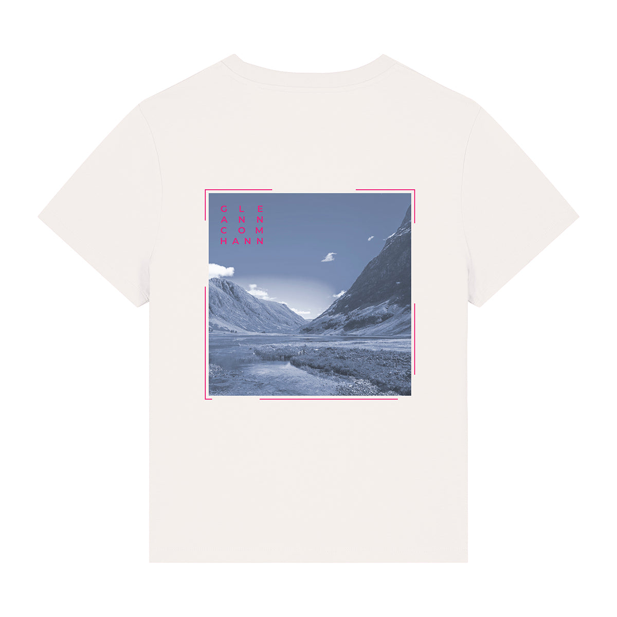 Women's Glencoe organic cotton t-shirt back view in off-white with Scottish mountain design