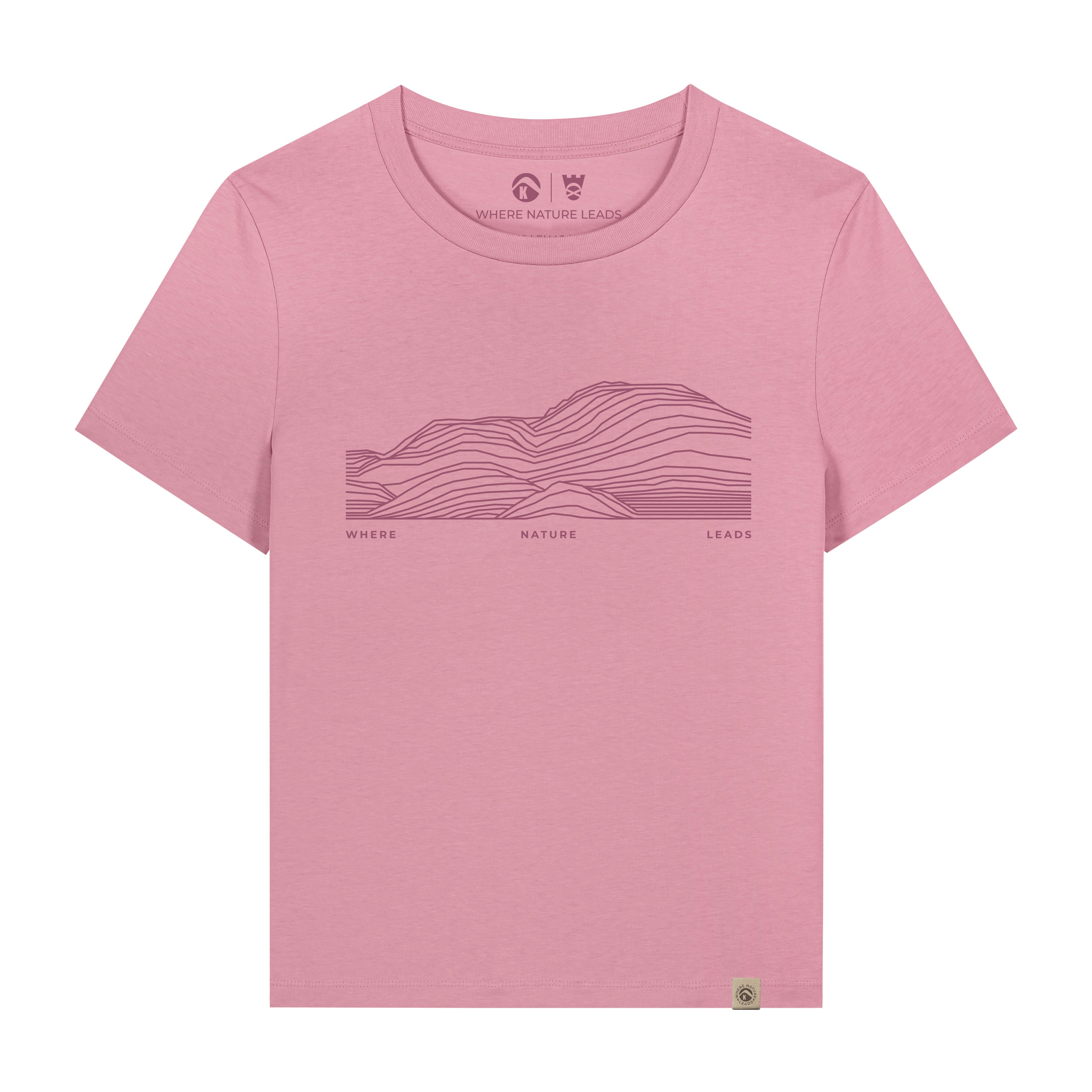 Women's Ben Lomond t-shirt front in pink featuring Loch Lomond mountain design