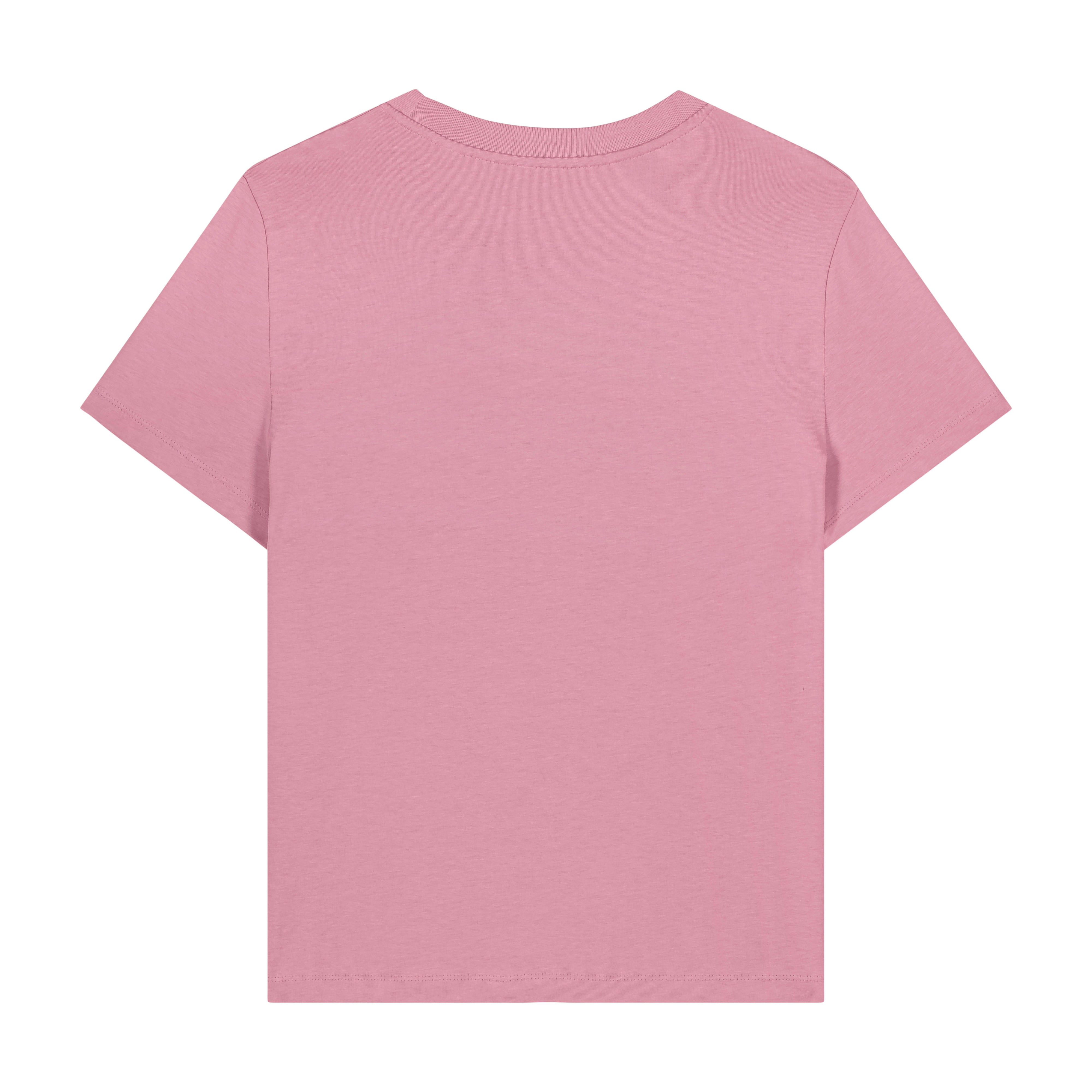 Women's St Kilda organic cotton t-shirt back view in pink with Atlantic island design