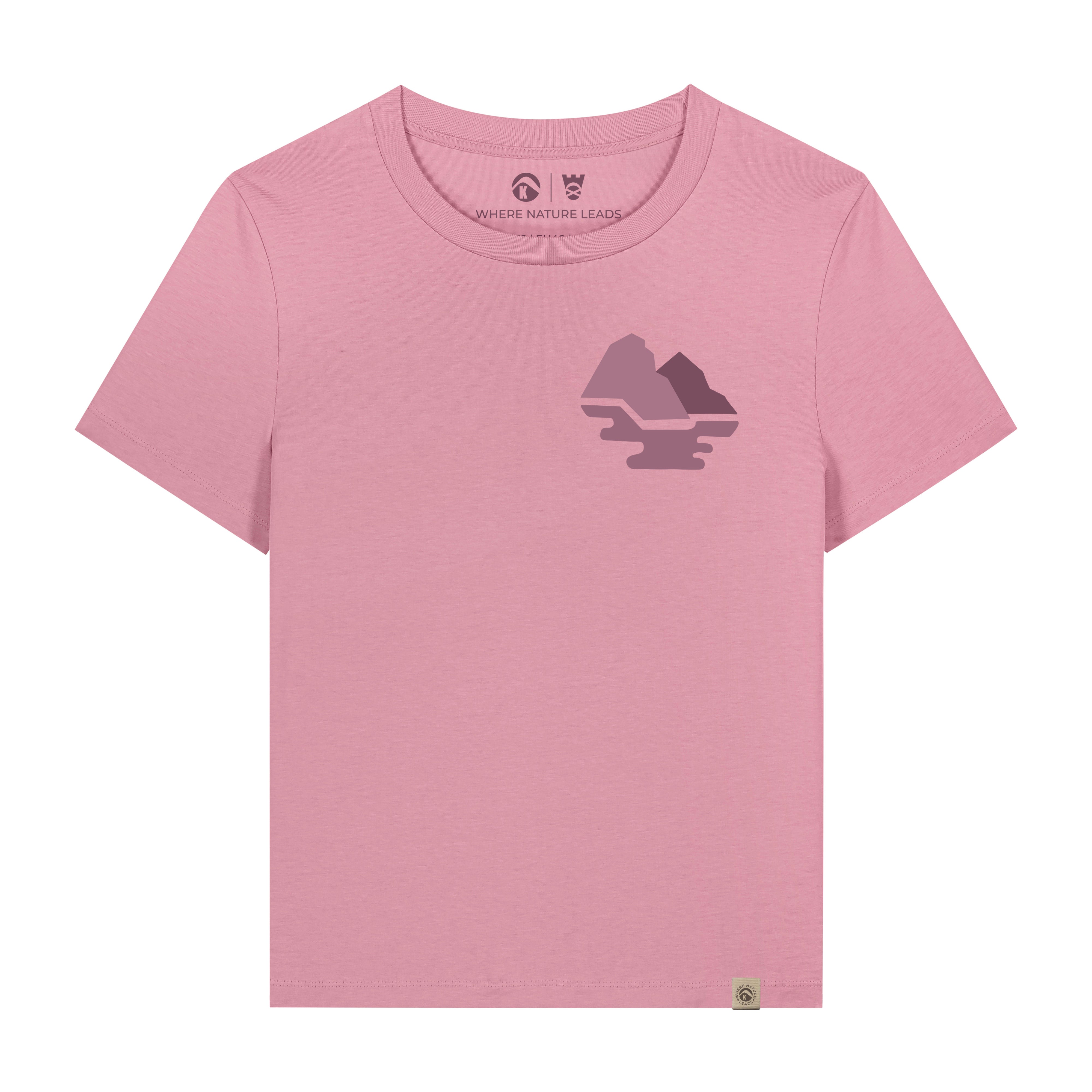 Women's St Kilda t-shirt front view in pink featuring Scottish island cliff graphic design