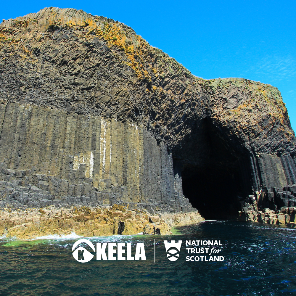 Staffa image with Keela and National Trust for Scotland logo