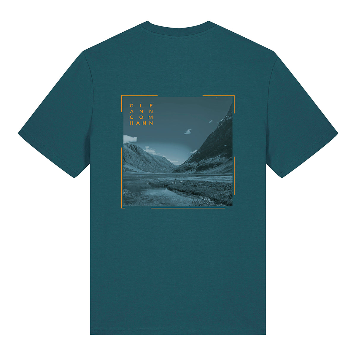 Men's Glencoe organic cotton t-shirt back view in marine blue with Scottish mountain design
