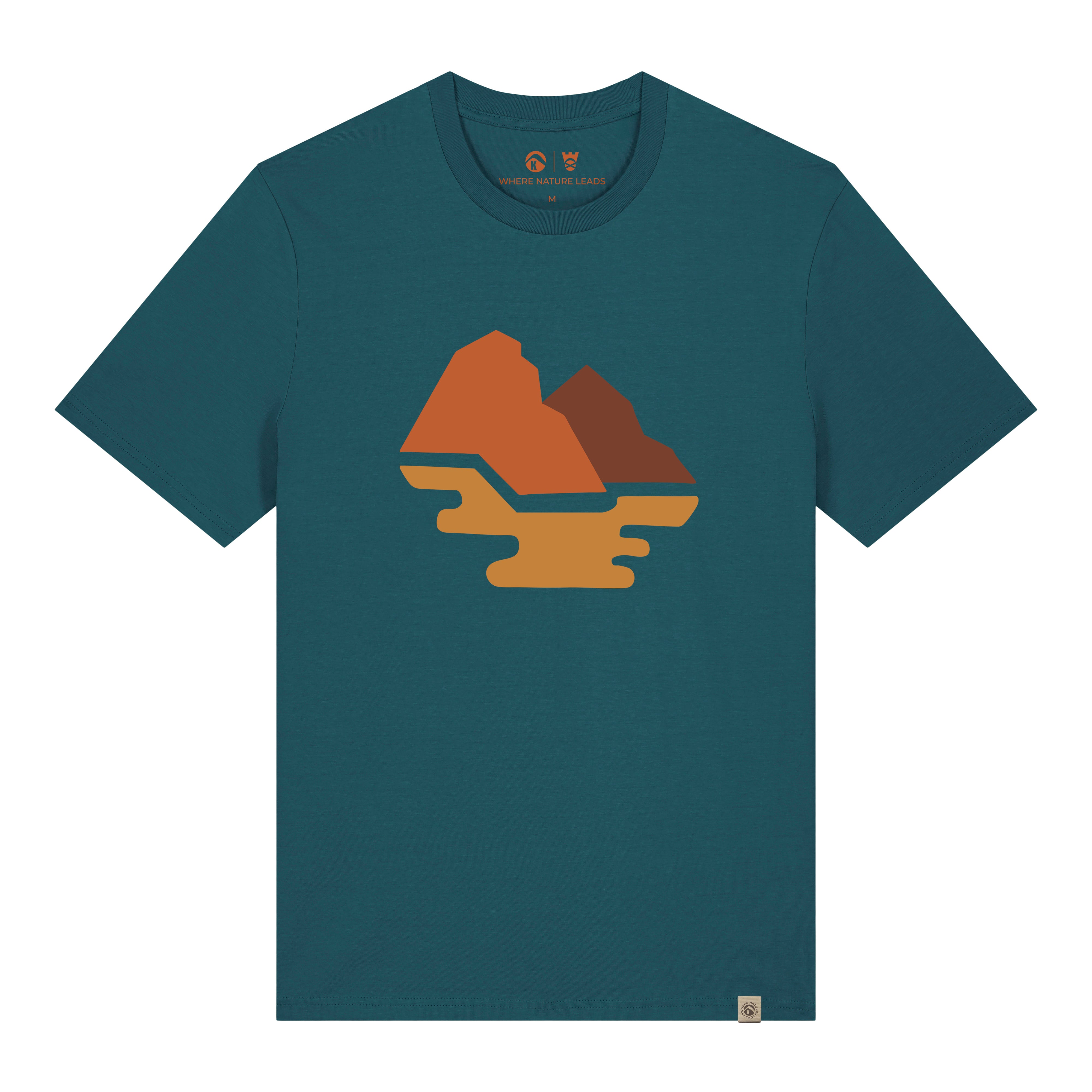 Men's St Kilda t-shirt front in marine blue showing dramatic Scottish island design