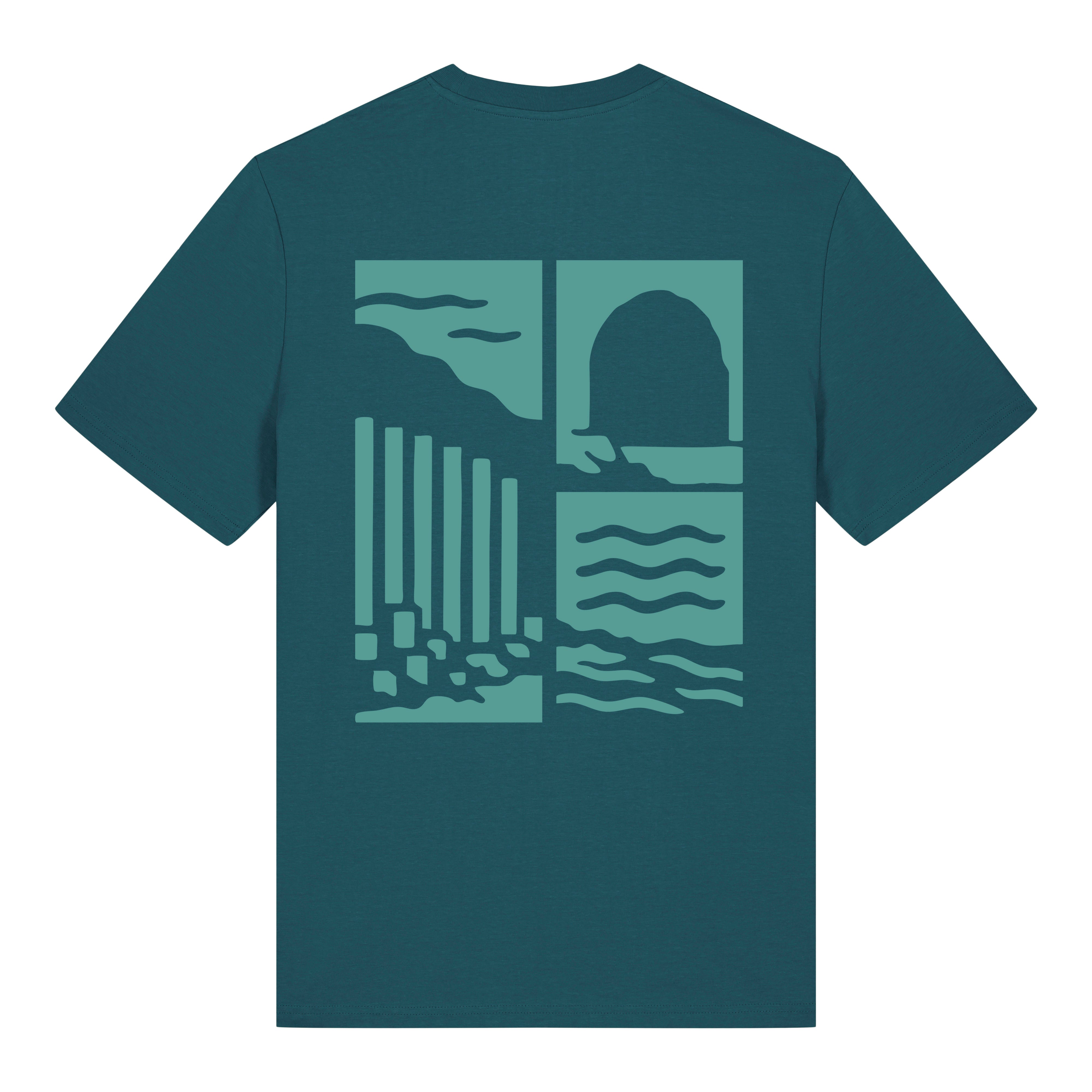 Staffa organic cotton t-shirt back view in marine blue with basalt cliff design