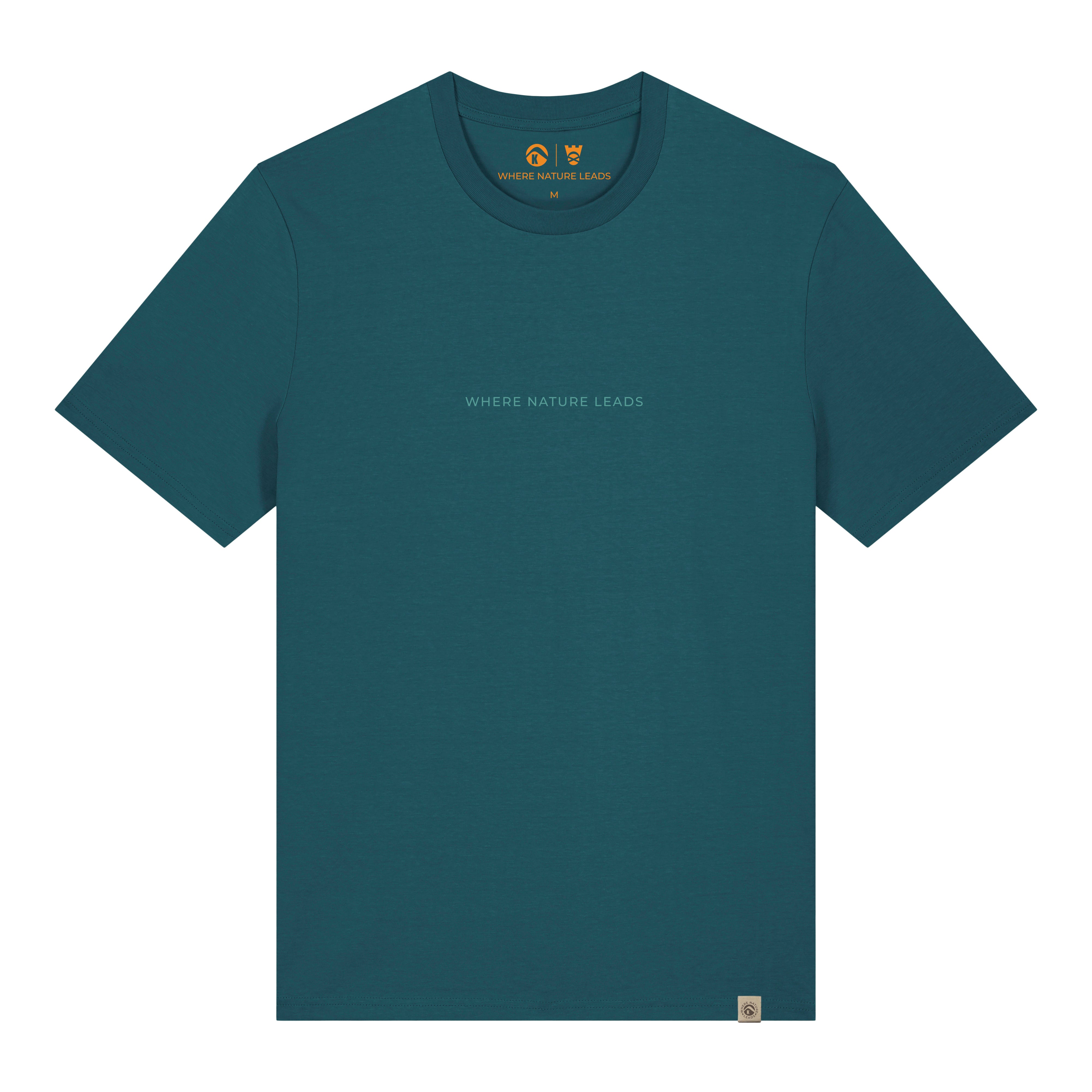 Staffa t-shirt front view in marine blue featuring Fingal's Cave graphic design