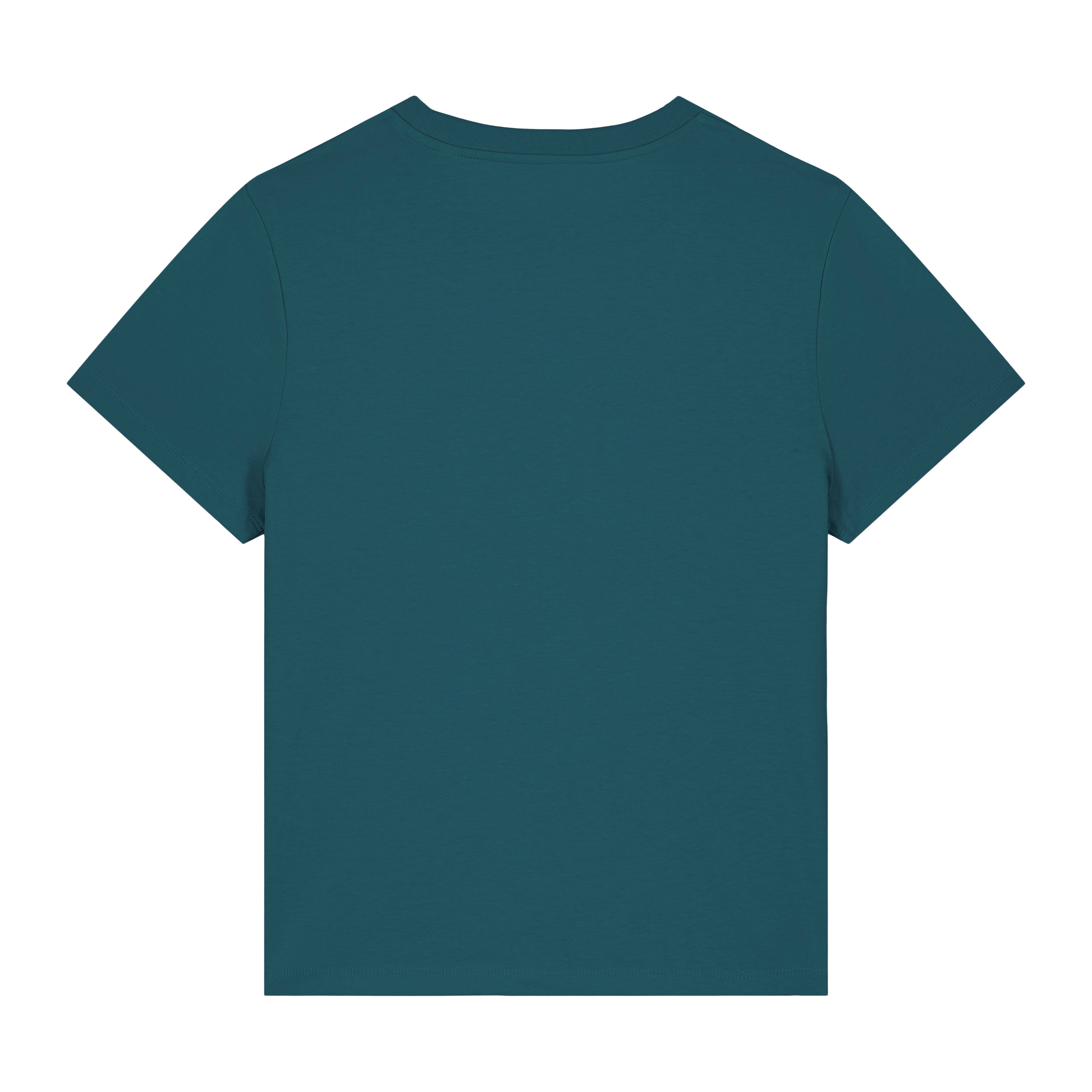 Women's Ben Lomond organic cotton t-shirt back view in marine blue with mountain print