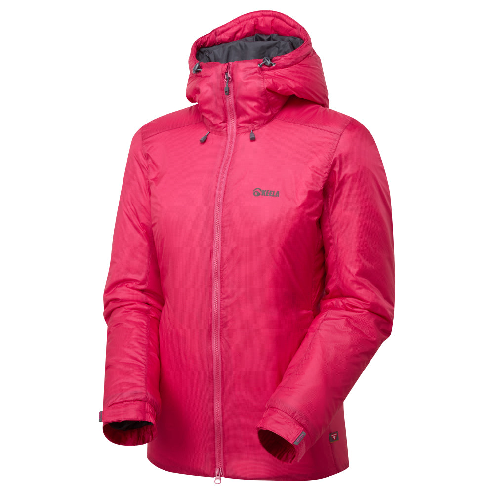 Women's Solo PrimaLoft Jacket in Raspberry - angled view of windproof outdoor design