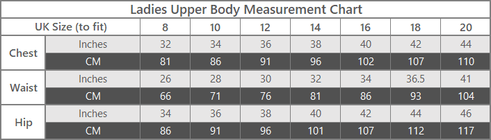 ladies outdoor clothing upper body size guide