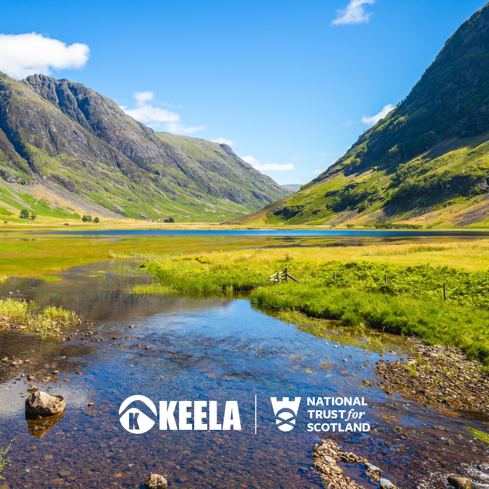 Glencoe mountain image with Keela and National trust for Scotland logos