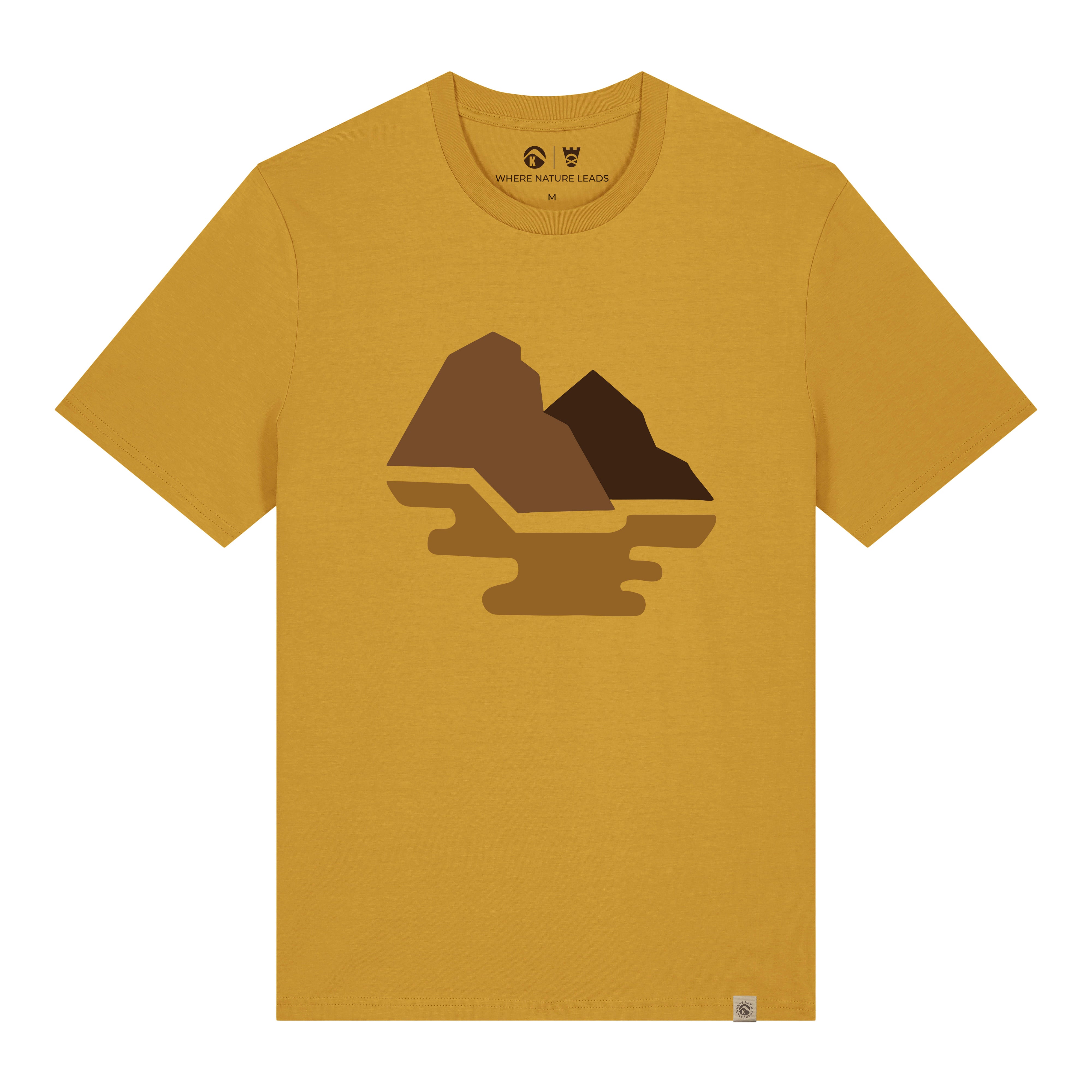 Men's St Kilda t-shirt front view in mustard featuring Scottish island cliff graphic design