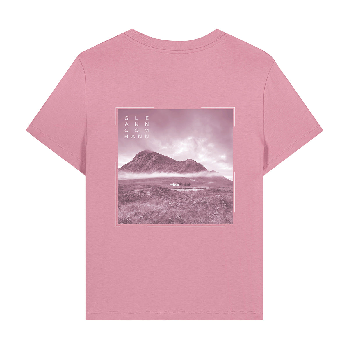 Women's Glencoe organic cotton t-shirt back view in pink with Scottish landscape print