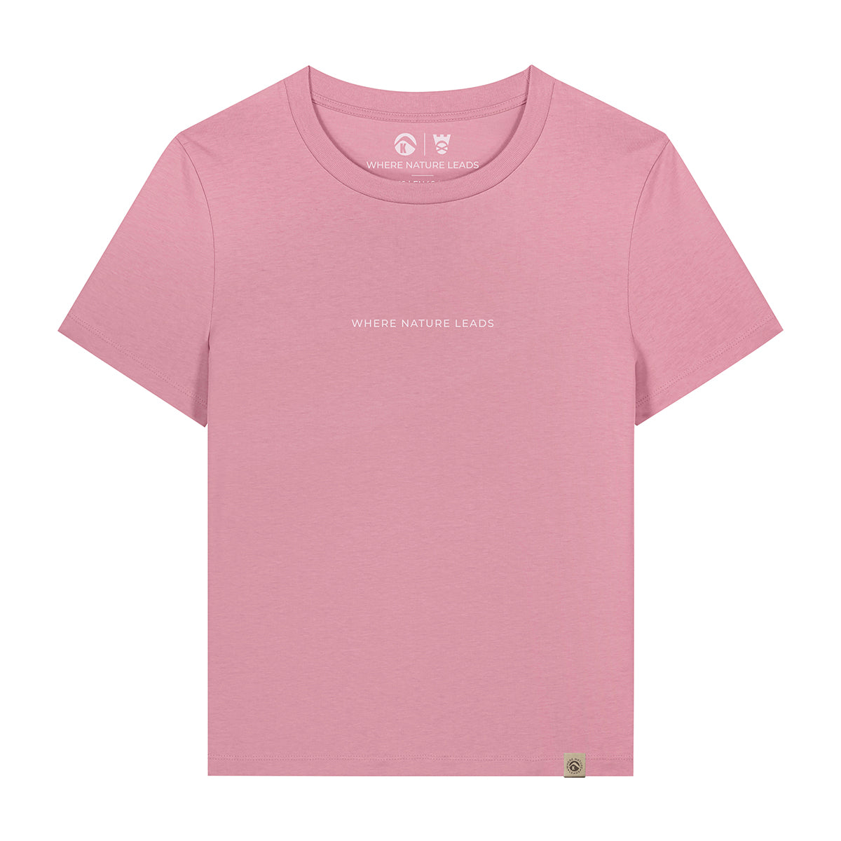 Women's Glencoe t-shirt front in pink showing Glencoe valley design and National Trust support