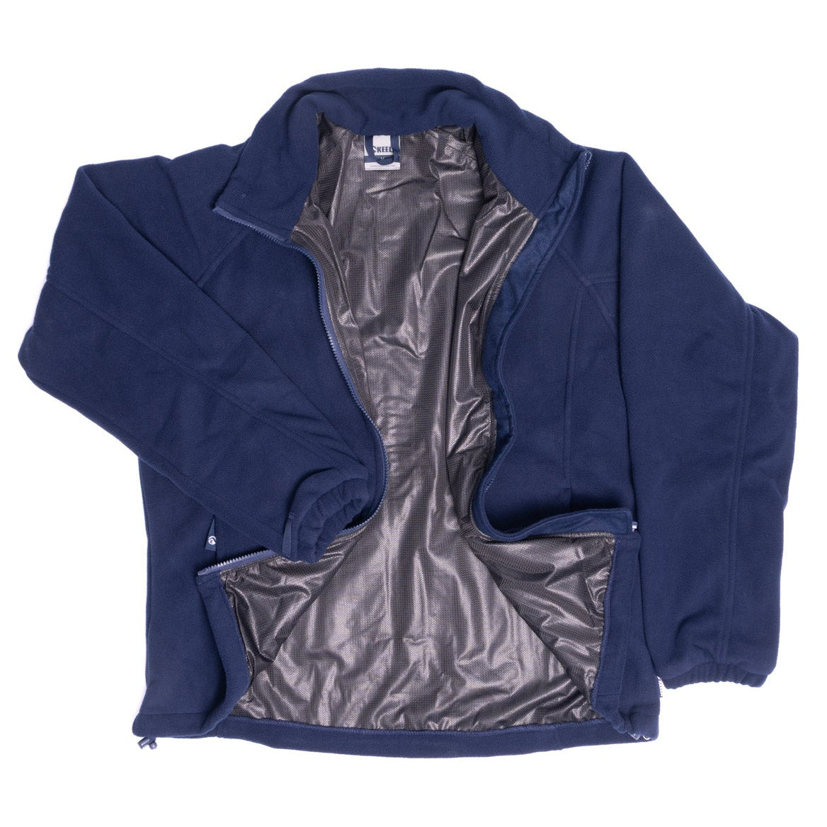 Navy blue jacket with shiny inner lining on a white background