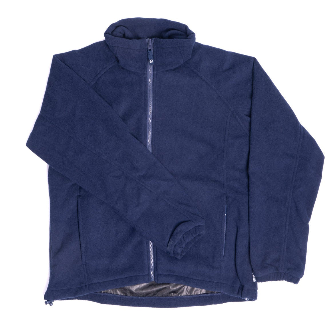 Navy blue fleece pullover on a white background