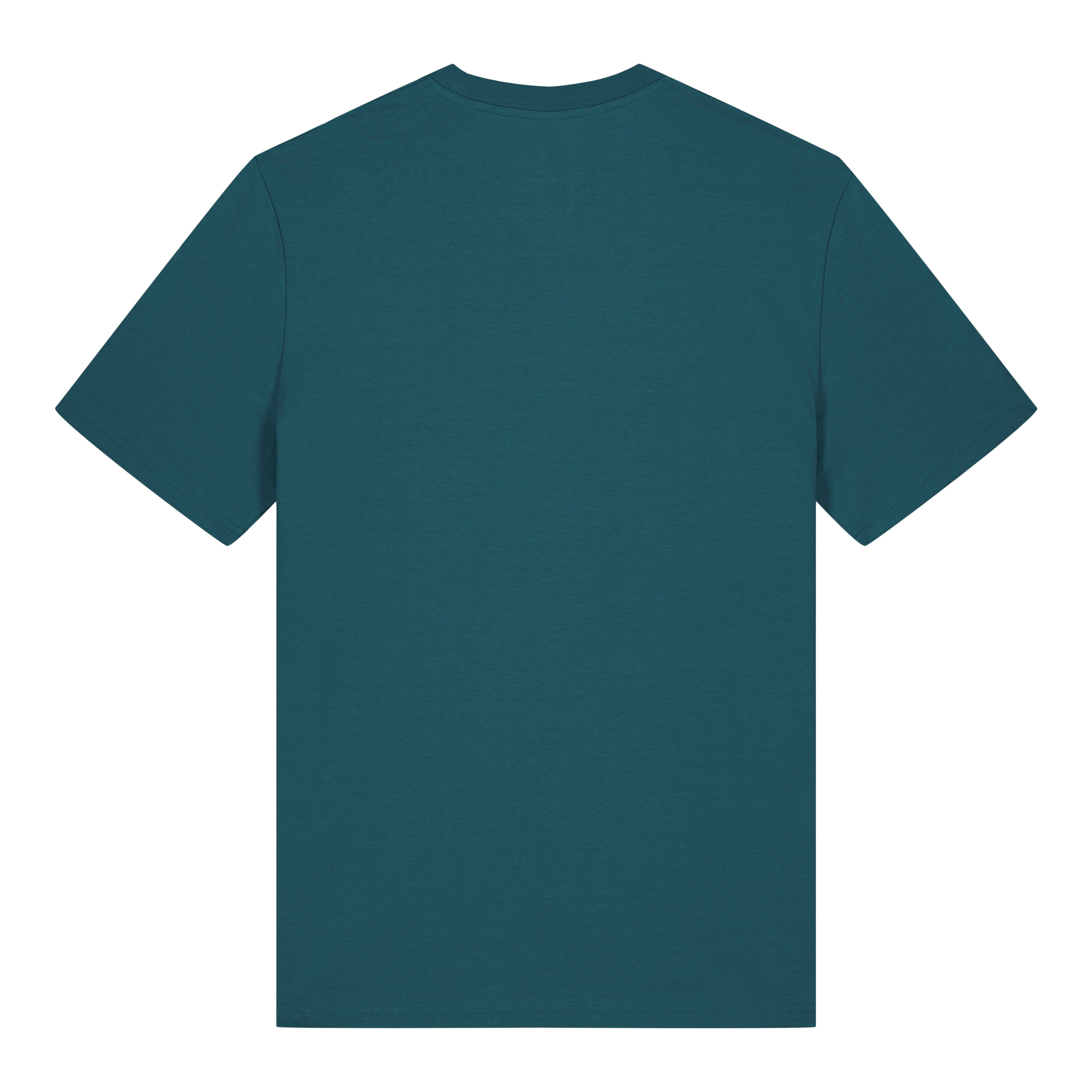 Men's St Kilda organic cotton t-shirt back view in marine blue with cliff print