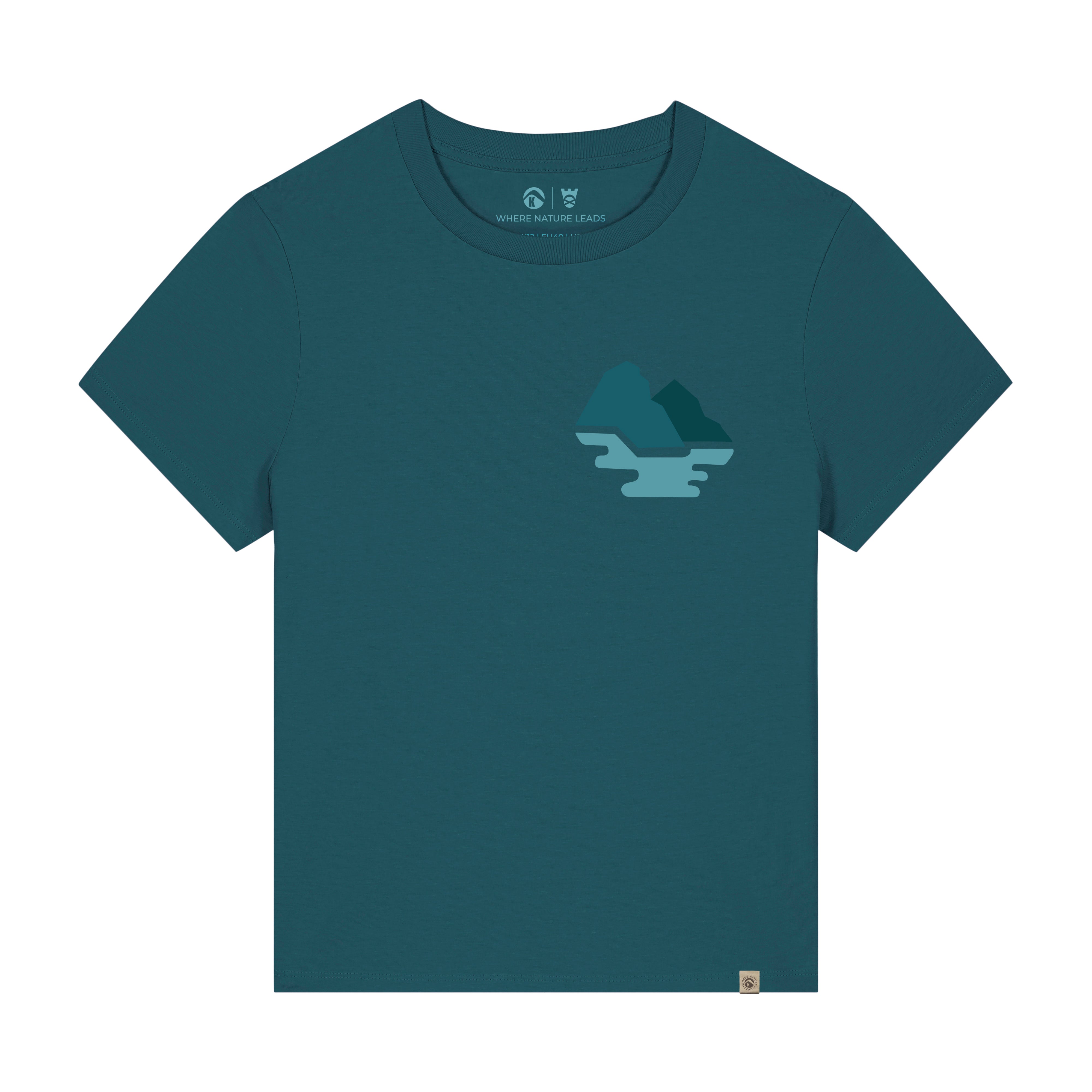 Women's St Kilda t-shirt front in marine blue showing dramatic Scottish island design