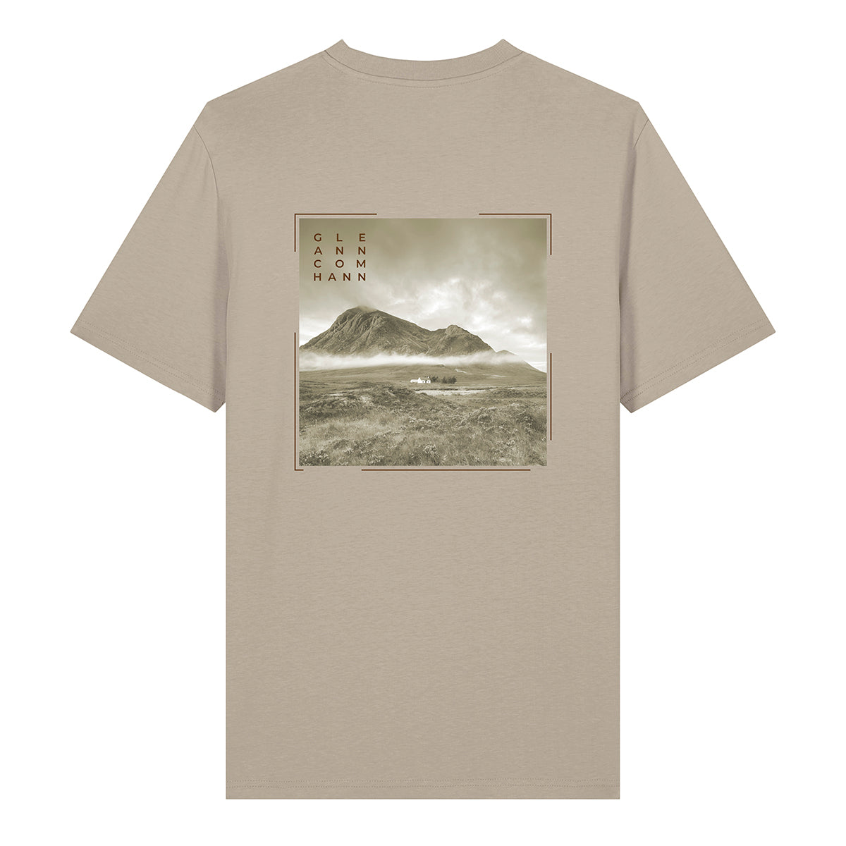 Men's Glencoe organic cotton t-shirt back view in stone with Scottish landscape print