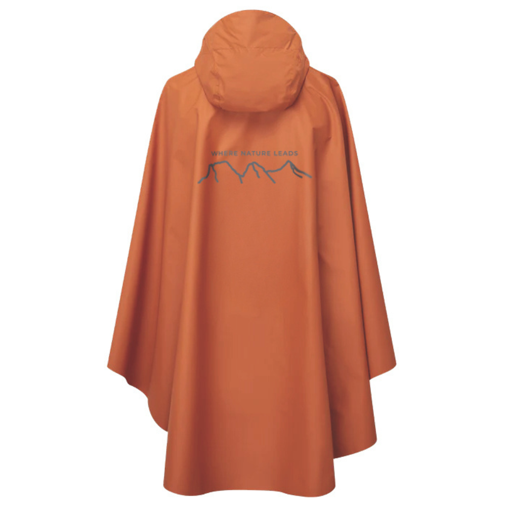 Where Nature Leads waterproof poncho back view with Three Sisters mountain graphic design