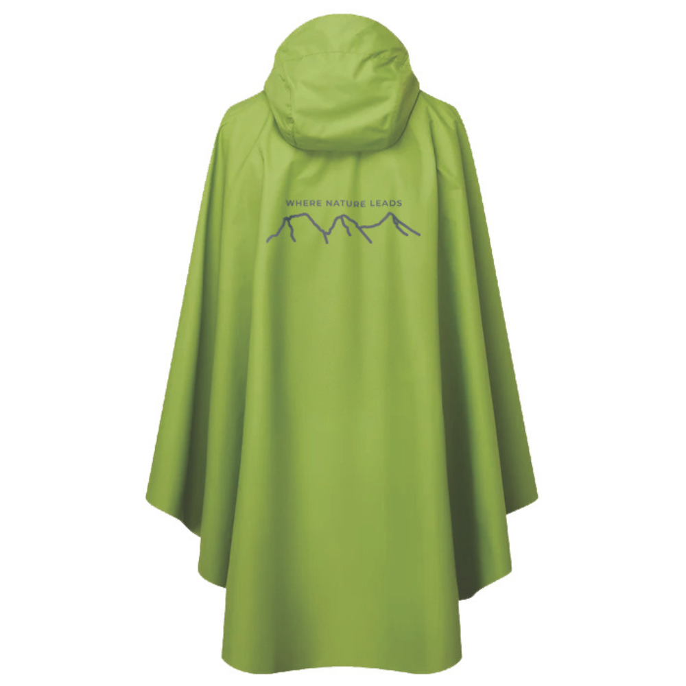 Where Nature Leads waterproof poncho back view with Three Sisters mountain graphic design