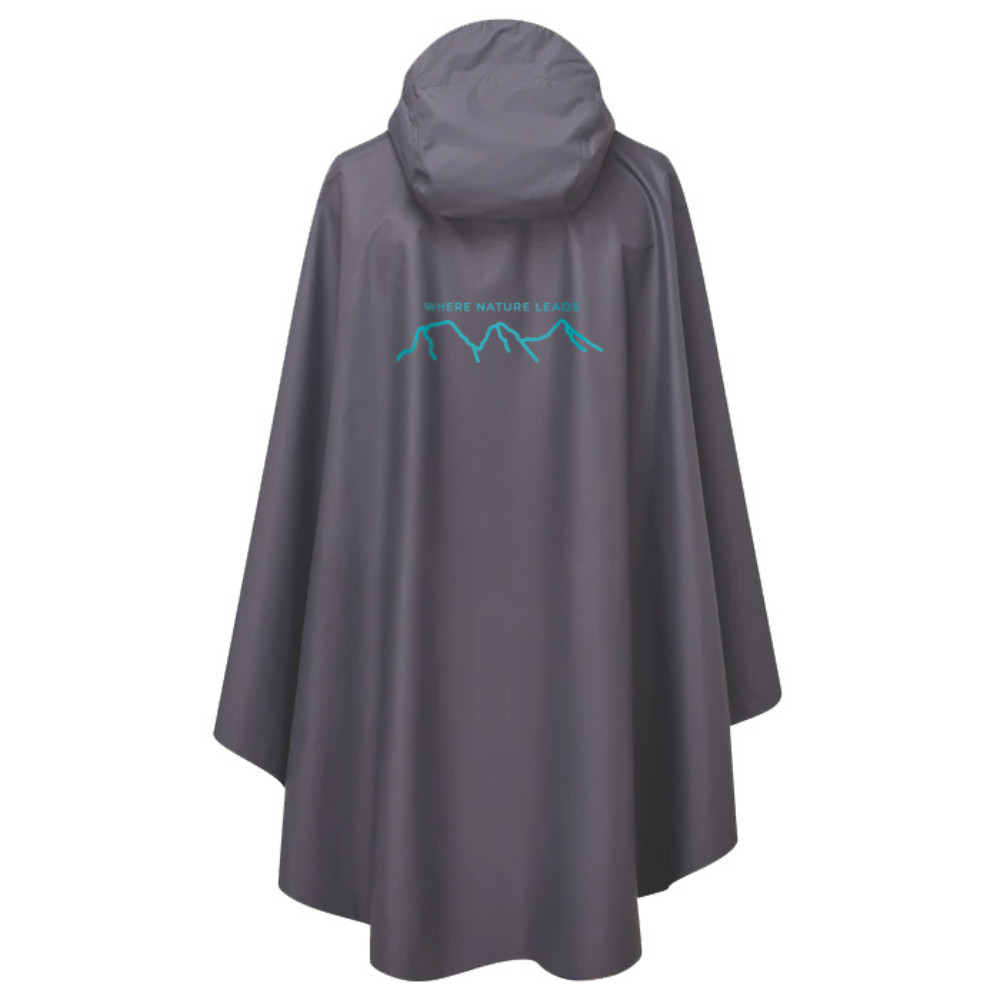 Where Nature Leads waterproof poncho back view with Three Sisters mountain graphic design